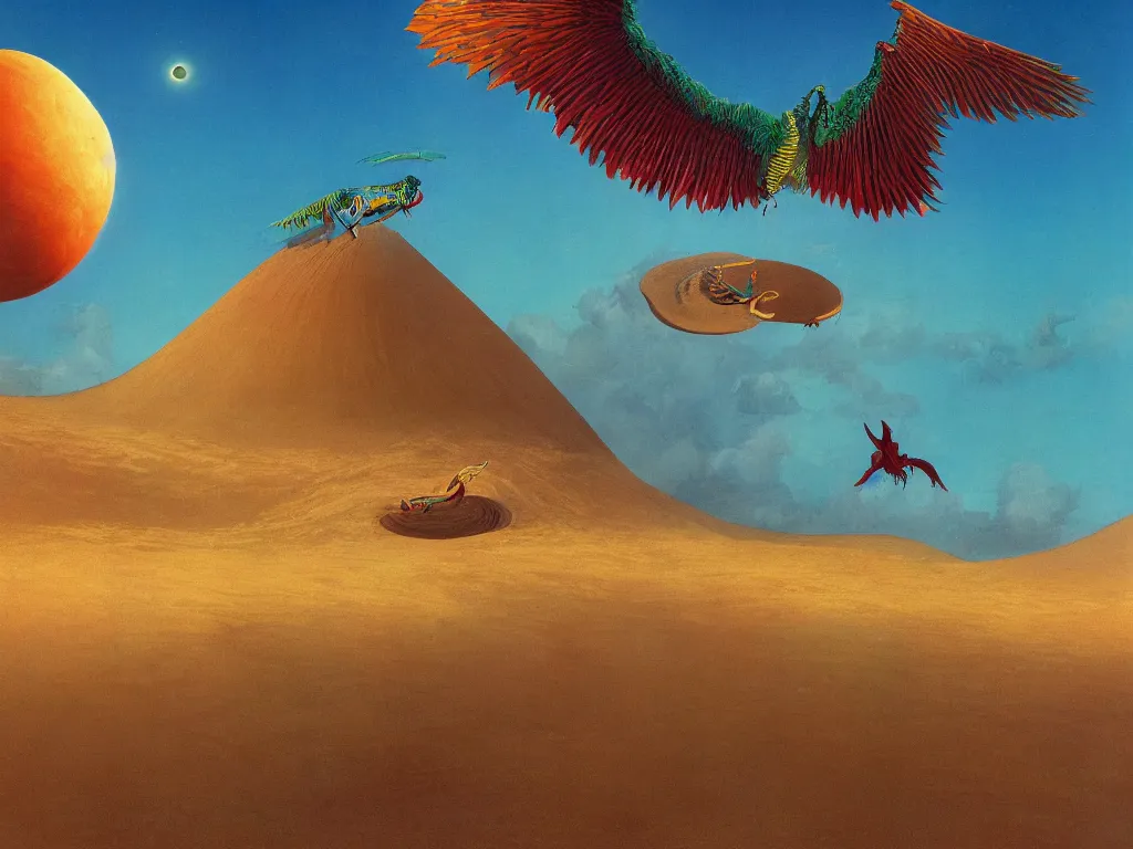 Image similar to quetzalcoatl flying over sand dunes and an ocean on a strange planet, by bruce pennington, by sam freio, by thomas rome, by victor mosquera, juxtapoz, behance, dayglo, prismatic, iridescent