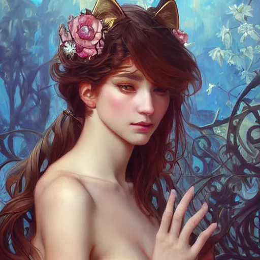 Image similar to a oil painting of a catgirl, cute, fantasy, intricate, elegant, highly detailed, centered, digital painting, artstation, concept art, smooth, sharp focus, illustration, art by artgerm and H R Giger and alphonse mucha