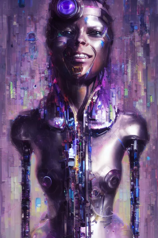 Image similar to portrait, headshot, digital painting, an beautiful techno - shaman cyborg lady, smiling, pearlescent, synthwave, glitch, fracture,, realistic, hyperdetailed, chiaroscuro, concept art, art by john berkey