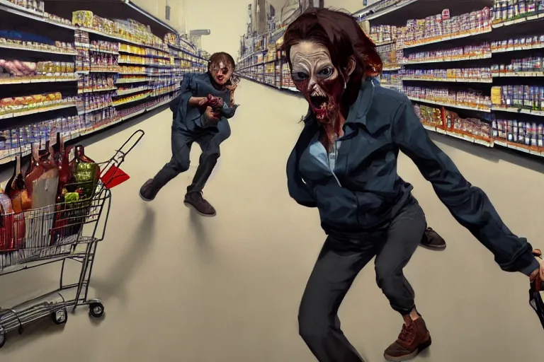 Prompt: incredible screenshot a screaming woman doing her grocery shopping in the zombie apocalypse, dynamic camera angle, deep 3 point perspective, fish eye, dynamic scene, by phil hale, ashley wood, geoff darrow, james jean, 8k, hd, high resolution print