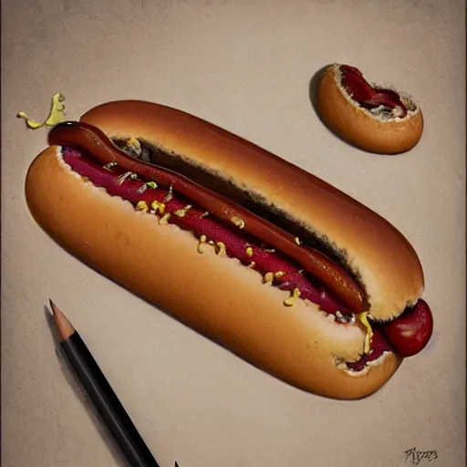 Image similar to hot dog with teeth sprouting out of bun, mustard dripping from teeth, side of ketchup, fantasy, intricate, elegant, highly detailed, digital painting, artstation, concept art, matte, sharp focus, illustration, art by artgerm and greg rutkowski and alphonse mucha