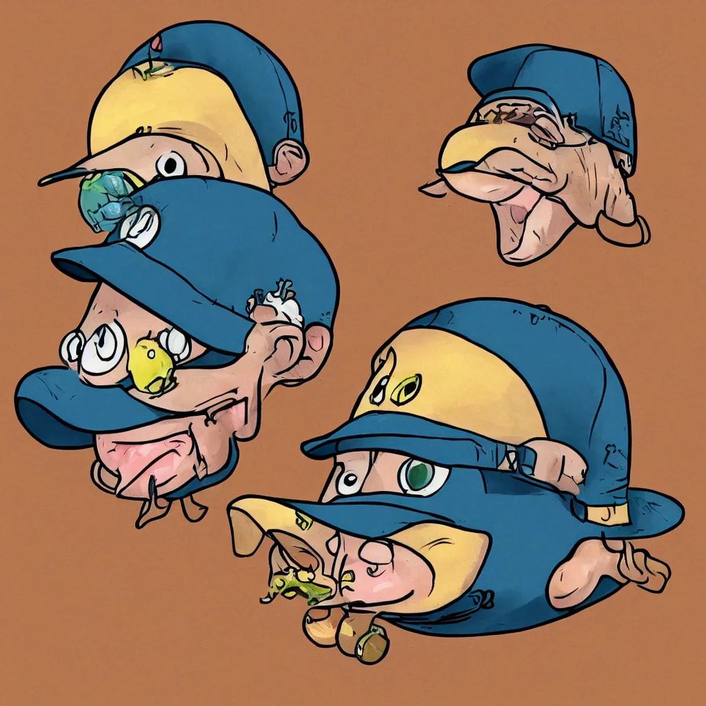 Prompt: An illistration of a blowfish wearing a trucker hat, by Asaf Hanuka, trending on art station