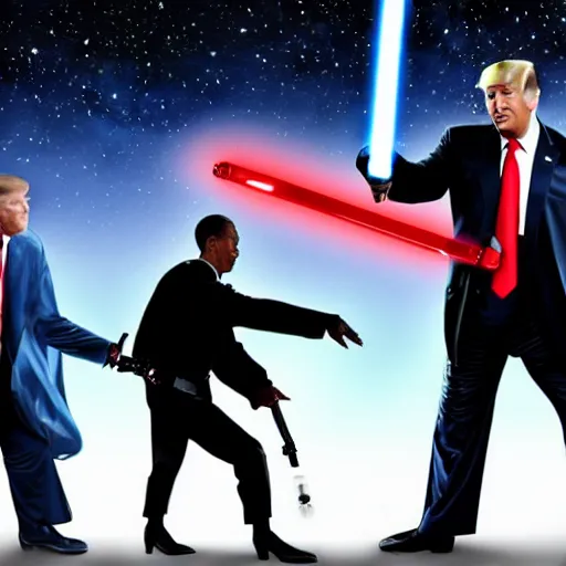 Image similar to photo of putin, trump, obama and bush having a lightsaber fight, starwars poster style