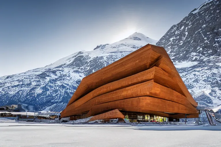 Image similar to architecture photo modern wooden fachwerk giant opera building settlement with Elbrus mountain on the background, architecture, photorealism 8k , shining and happy atmosphere, uplight, high details