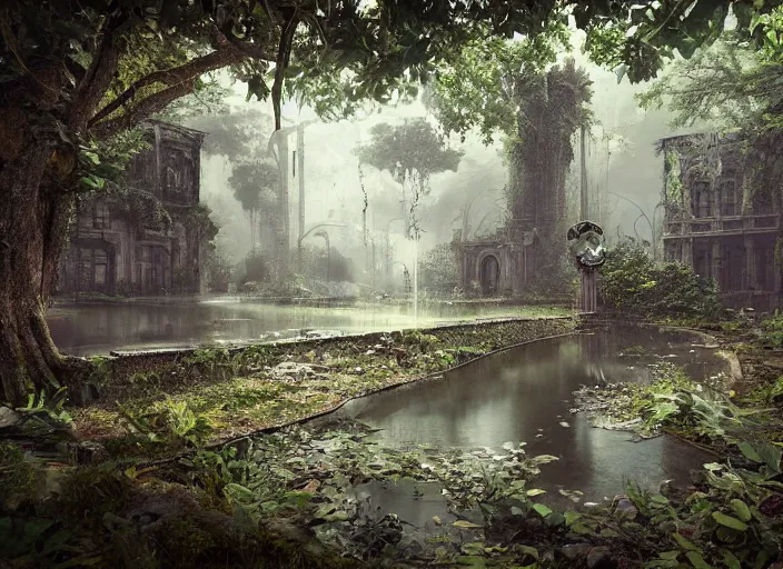 Prompt: abandoned city on overgrown forest, fantasy, ornate, hyper realism, wet reflections, intricate, realistic, digital art, detailed, studio shot, unreal engine 5, octane, high definition, smooth, artstation, behance