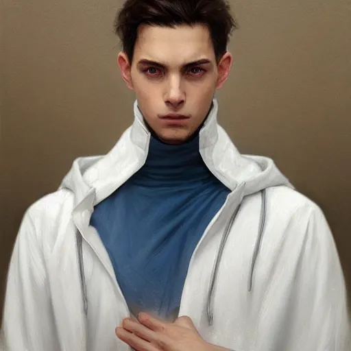 Image similar to ultra realistic illustration, a young man in a white hood, with brown hair, with blue eyes, intricate, elegant, highly detailed, digital painting, artstation, concept art, smooth, sharp focus, illustration, art by artgerm and greg rutkowski and alphonse mucha