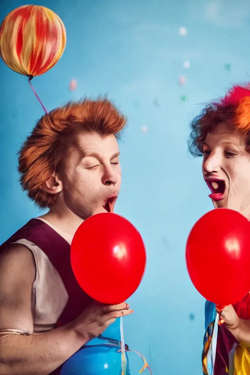 Image similar to a hyperrealistic portrait of two circus performers eating balloons , 8k