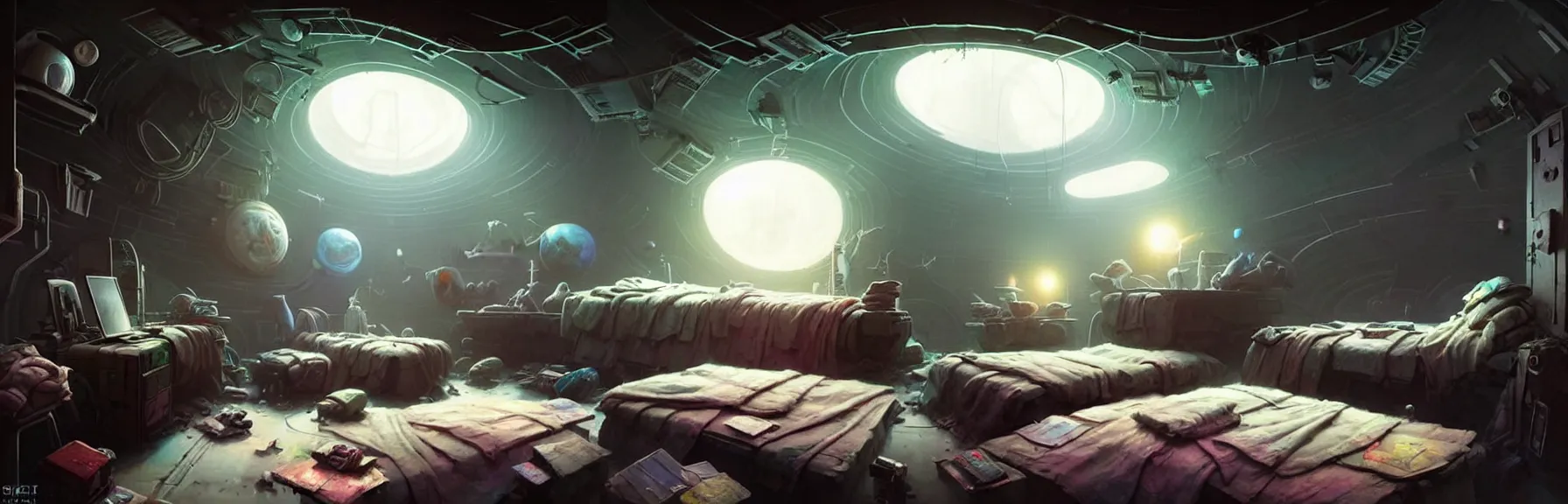 Image similar to detailed room in the sewer lair. The room is a clutter if clothes and a bunkbed with space posters everywhere, soft, light, bright, epic, awesome, digital art, by Simon beak and Greg rutkowski