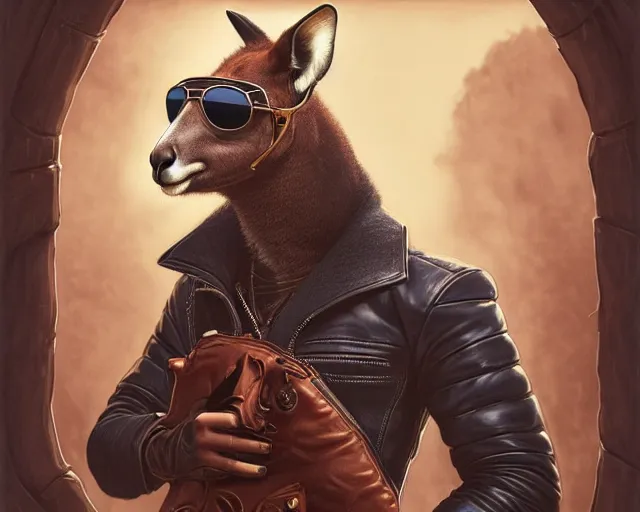 Prompt: a kangaroo wearing sunglasses and a leather jacket, photography of kurzgesagt, deep focus, d & d, fantasy, intricate, elegant, highly detailed, digital painting, artstation, concept art, matte, sharp focus, illustration, hearthstone, art by artgerm and greg rutkowski and alphonse mucha