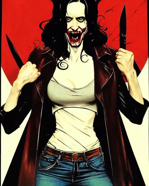 Prompt: Rafael Albuquerque comic cover art, Norman Rockwell, Joshua Middleton, pretty Eva Green vampire, sharp vampire teeth, sarcastic smile, symmetrical eyes, symmetrical face, brown leather jacket, jeans, long black hair, full body, building on fire, cool colors