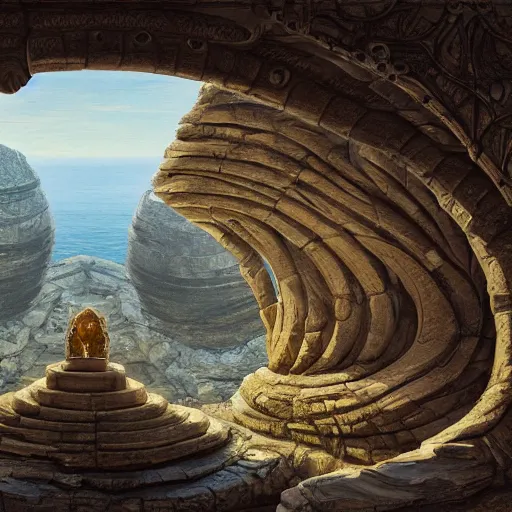 Prompt: photograph of a gigantic paleolothic torus made of stone with highly detailed carvings of intricate shamanic robotic electronics and circuitry, in a mediterranean lanscape, inside a valley overlooking the sea, in the style of andreas rocha