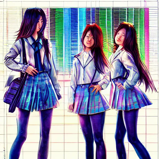 Image similar to a perfect, realistic professional digital sketch of a Japanese schoolgirls posing in a synthwave alleyway, style of Marvel, full length, by pen and watercolor, by a professional American senior artist on ArtStation, a high-quality hollywood-style sketch, on high-quality paper