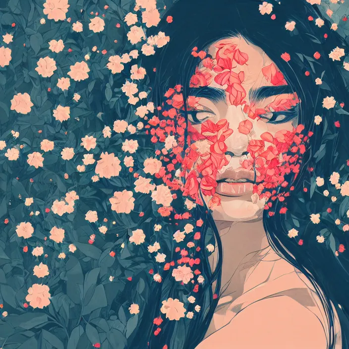 Image similar to candid portrait of very beautiful young filipino woman with narrow face, surrounded by dramatic swirling smoke and flowers, face partially obscured, dark background, by conrad roset, abstract, trending on artstation