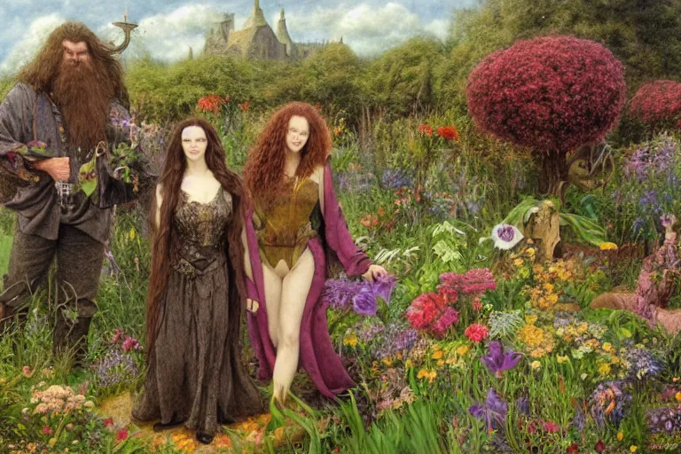 Image similar to hagrid the viking and morticia addams frolicking in a field of various flowers, fairy garden, masterpiece, highly detailed, oil on canvas, art by james gurney, graeme base, brian froud, alan lee