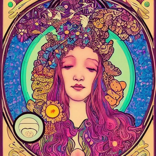 Prompt: lucy in the sky with diamonds, blotter art, in the style of robert crumb and lisa frank, mucha, art nouveau, art deco, beautiful nature, serenity, cartoon, realistic, photograph, trending on artstation, vivid, surreal, beautiful, loving athmosphere, summer of love, smiling faces, tasty, smelling good, good vibrations, gentle breeze blowing