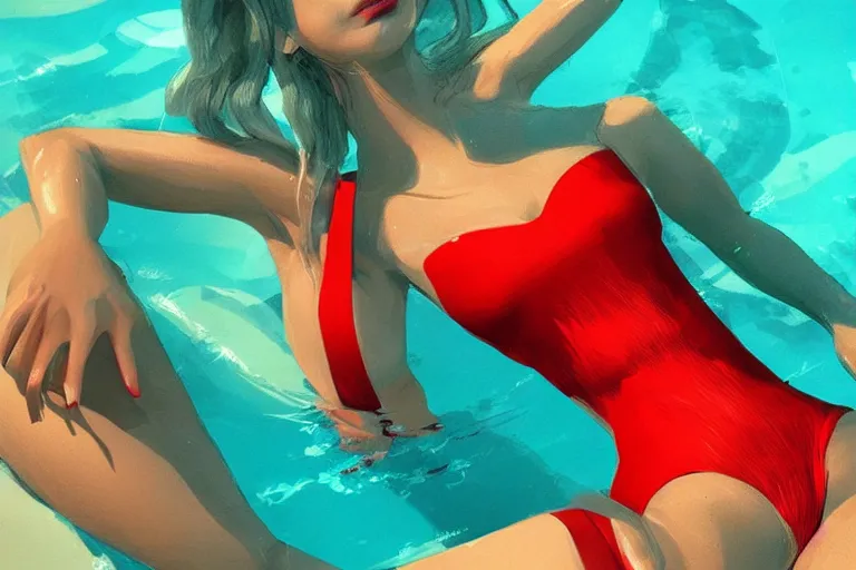 Prompt: fishes swim around woman in red swimsuit, highly detailed, smooth, sharp focus, concept art, illustration, beautiful, geometric, trending on artstation, cinematic, behance featured, artwork by Bowater, Charlie