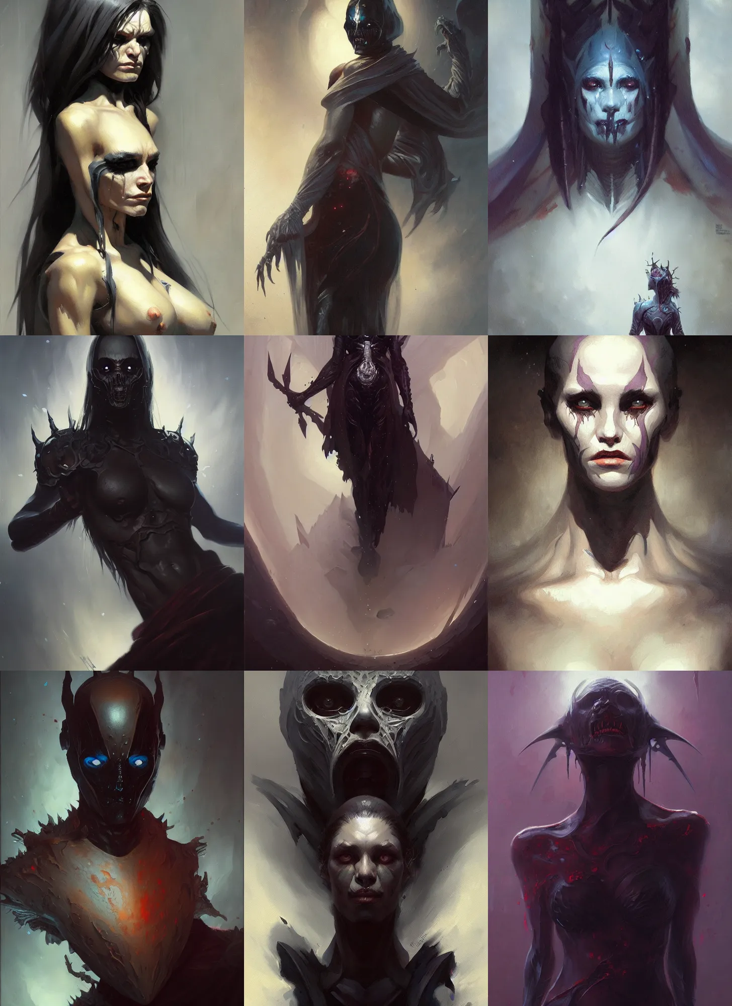 Prompt: a painting of a void assassin, a character oil on canvas portrait by gerald brom and greg rutkowski, masterpiece, fantasy art, grotesque, artstation hq