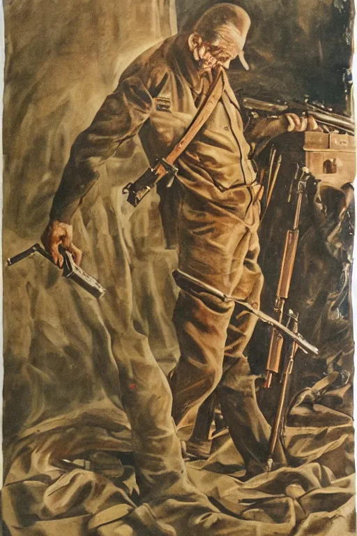 Image similar to man holding gun at the end of his life, world war, blood, detailed art