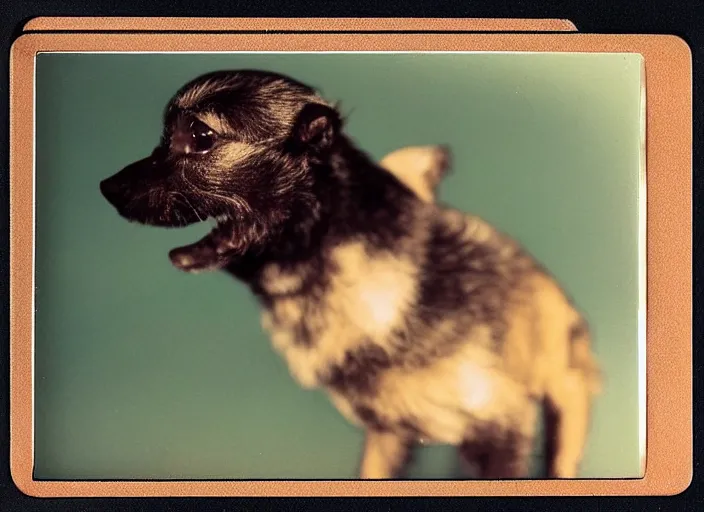 Prompt: a extreme close - up photo, color studio photographic portrait of a little dog bird hybrid, dramatic backlighting, 1 9 7 3 polaroid photo from life magazine,