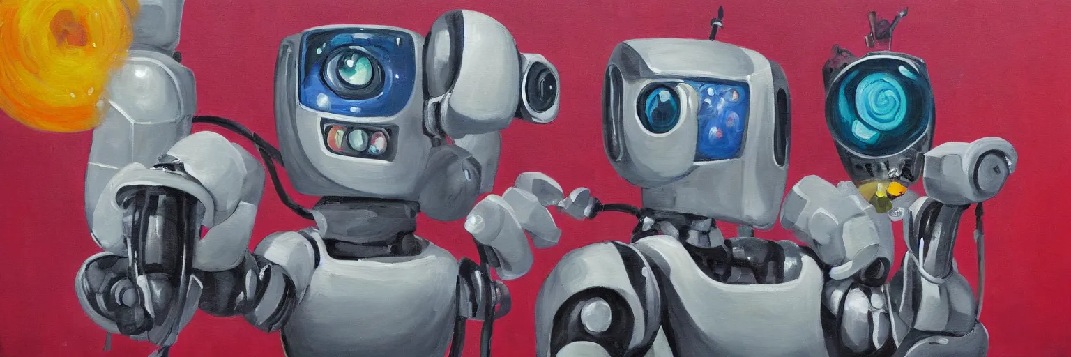 Prompt: A painting of a robot painting a self-portrait