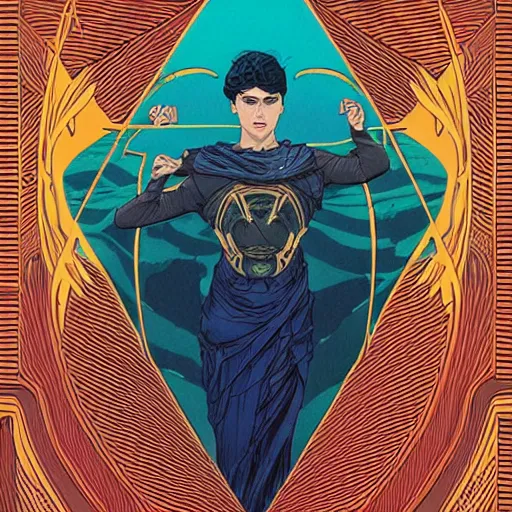 Image similar to majestic dune themed paul atreides messianic tarot card by sachin teng, artgerm, alphonse mucha, masterpiece, organic painting, matte painting, technical geometrical drawing shapes, lightning electricity coil, hard edges, graffiti, screen printing poster art by sachin teng