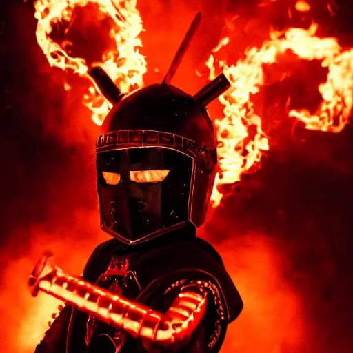 Image similar to a black knight in shining armor, a terrible mask on his face, eyes burning with red fire. a boy is standing next to him and he has a sword in his hands