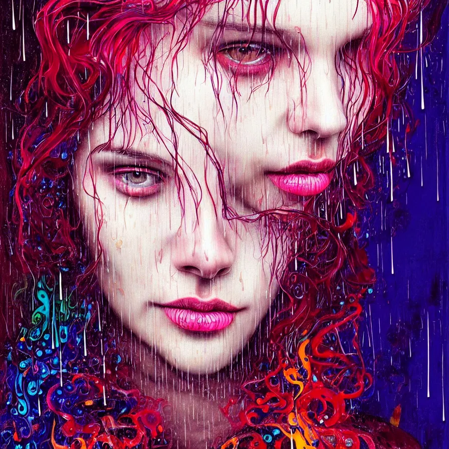 Image similar to bright asthetic portrait of LSD in rain with wet hair and one face, liquid, fantasy, intricate, elegant, dramatic lighting, highly detailed, lifelike, photorealistic, digital painting, artstation, illustration, concept art, smooth, sharp focus, art by John Collier and Albert Aublet and Krenz Cushart and Artem Demura and Alphonse Mucha