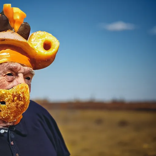 Image similar to an elderly man wearing a mask made from a cheeseburger, bold natural colors, national geographic photography, masterpiece, 8 k, raw, unedited, symmetrical balance