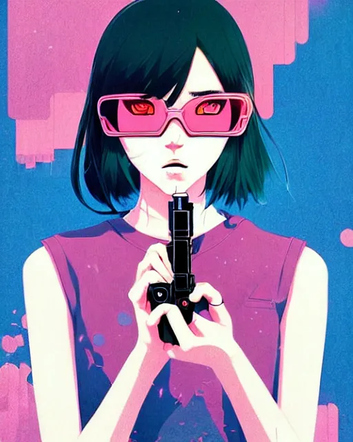 Image similar to girl holding flashbang, detailed manga illustration!! intricate details, beautiful perfect face, perfect body, aesthetically pleasing pastel colors, poster background, aesthetic details, art by conrad roset and ilya kuvshinov