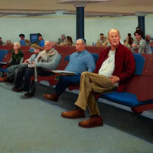 Image similar to werner herzog sits surrounded by empty chairs in the waiting area of the dmv. ultra wide angle, style of edward hopper, wes anderson, award winning, hyperrealistic, art of elysium by jeremy mann and alphonse mucha, dynamic lighting, very detailed face, 4 k