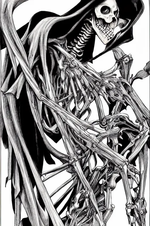 Image similar to Grim Reaper by Takeshi Obata, skeleton face