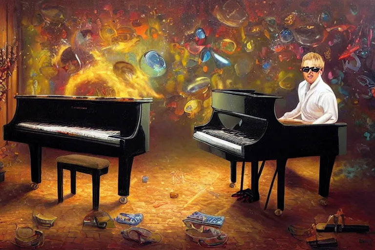 Prompt: elton john playing a piano in a pool filled with baked beans, an oil painting by ross tran and thomas kincade