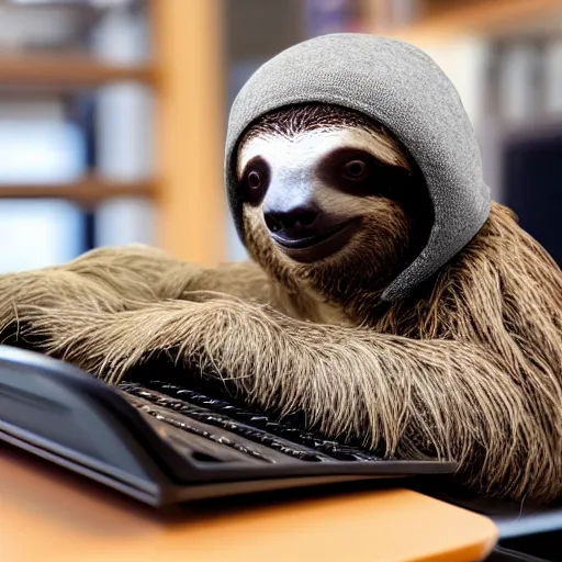 Image similar to photo of a cute sloth typing on a computer ando wearing a wool hat