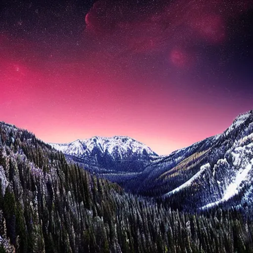 Prompt: A forested valley surrounded by snow-capped mountains at night, a red nebula in the sky, a ringed gas giant in the sky, no clouds, sci-fi, photorealistic