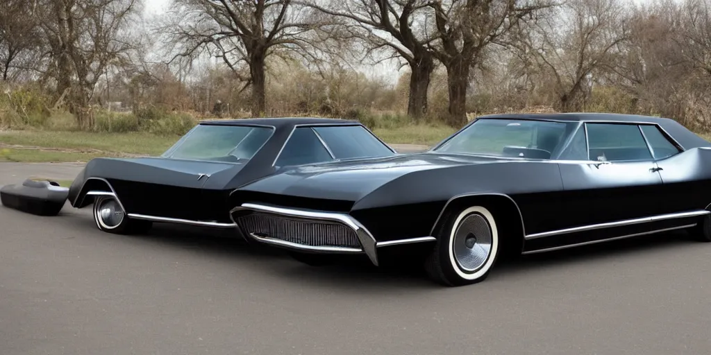 Image similar to futuristic black buick riviera 1965 with red headlights