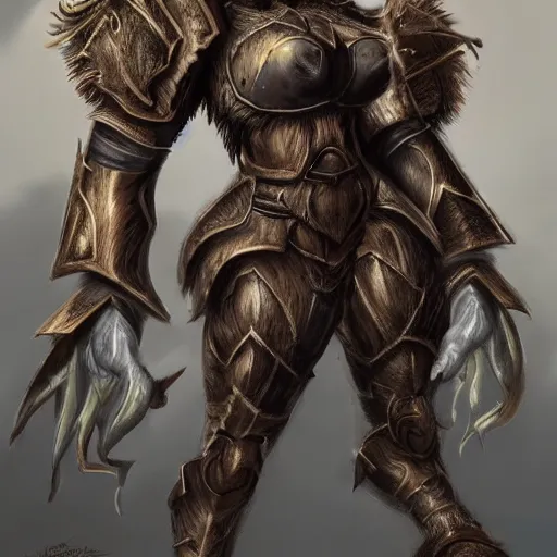 Prompt: fantasy concept art, armored female Minotaur, brown fur with white spots