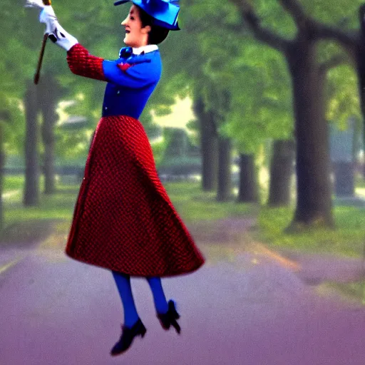 Prompt: Mary Poppins flaoting in the sky blurry photo in the style of Big foot photo