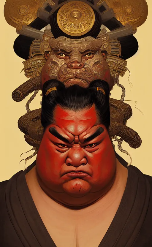 Image similar to a dynamic portrait of a gigantic sumo wrestler, a fat tank monster wearing a tibetan demon mask, concept art, deep focus, fantasy, intricate, highly detailed, digital painting, artstation, matte, sharp focus, illustration, art by greg rutkowski and alphonse mucha