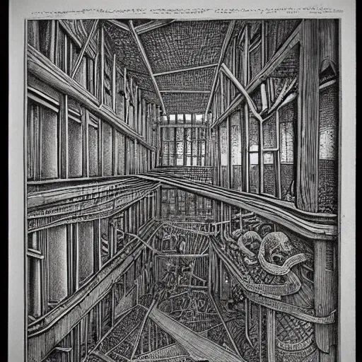 Image similar to insane etching by Mauritius Escher, highly detailed