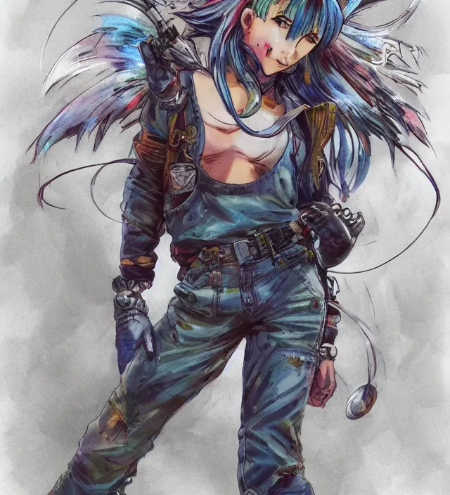 Image similar to full body pose, hd, manga anime portrait of a fairy girl in combat boots and overalls, rainbow hair, in ishikawa ken frank miller jim lee alex ross style detailed trending award winning on flickr artstation,