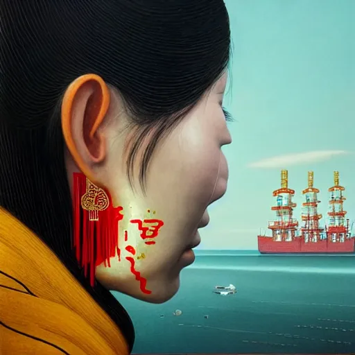 Image similar to portrait of a chinese woman :: side profile :: blood :: background sea :: intricate details in gold :: oxygen implant :: 8k :: simon stalenhag and Sandra Chevrier