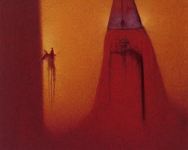 Image similar to by francis bacon, beksinski, mystical redscale photography evocative. devotion to the scarlet woman, priestess in a conical hat, coronation, ritual, sacrament