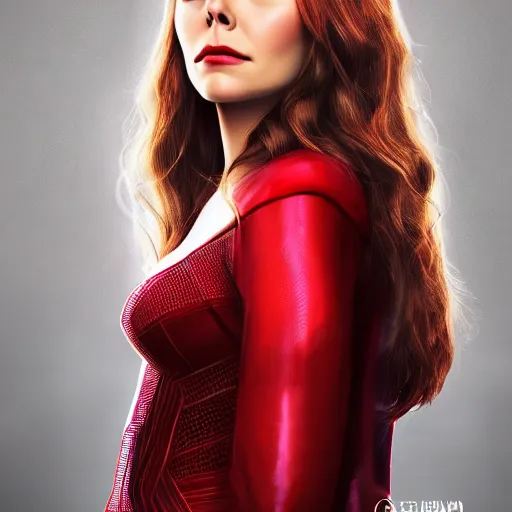 Image similar to A portrait of elizabeth Olsen as scarlet witch with the scarlet witch crown, cinematic, digital art, amazing detail