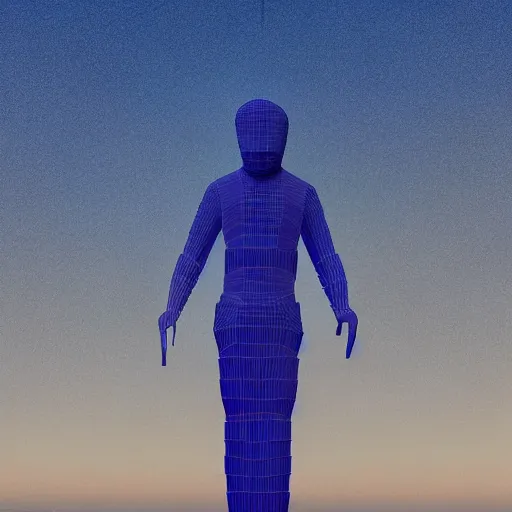 Image similar to highly detailed 3d render of burning man festival sculpture of man made of cornflowers by Beeple