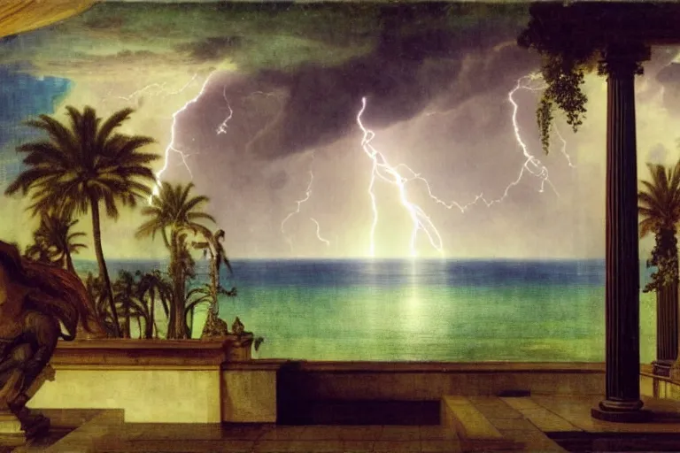 Prompt: mediterranean balustrade and palace columns, refracted lightnings on the ocean, colorful thunderstorm, tarot cards, beach and Tropical vegetation on the background major arcana sky and occult symbols, by paul delaroche, hyperrealistic 4k uhd, award-winning, very detailed paradise