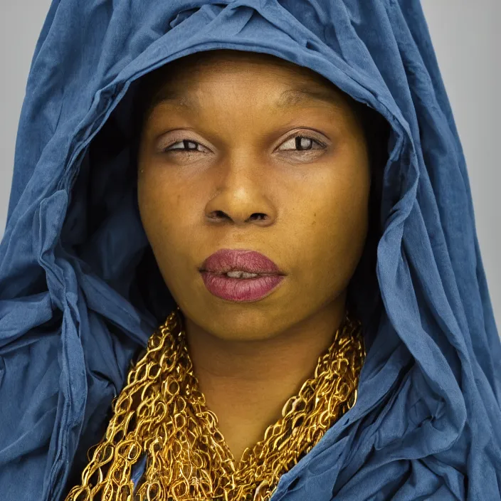 Prompt: a closeup portrait of a woman wearing a hood made of wire and plastic, in a laundry mat, color photograph, by kehinde wiley, canon eos c 3 0 0, ƒ 1. 8, 3 5 mm, 8 k, medium - format print