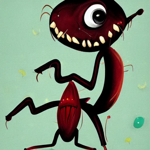 Image similar to cartoon vampire ant with big teeth, painted in the style of a cozy mystery book cover