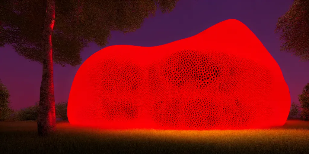 Prompt: A beautiful architectural rendering of a blob shaped trypophobia house with a mysterious red glow emitting from inside, stunning, gorgeous, golden ratio, photorealistic, featured on artstation, 4k resolution