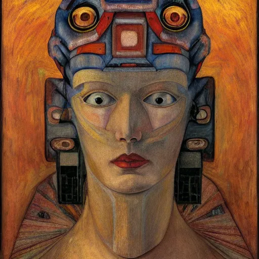 Image similar to the robot queen, by annie swynnerton and diego rivera and lucien freud and jean delville, symbolist, dramatic lighting, elaborate geometric ornament, head and shoulders view, art brut, soft pastel colors, smooth, sharp focus, extremely detailed, adolf wolfli, leo and diane dillon, nicholas roerich