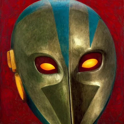 Prompt: head of a robot wearing a mask made of enamelled flowers, by annie swynnerton and edward hopper and jean delville and john watkiss and rufino tamayo, art deco shaman, stylized geometric flowers, art brut, symbolist, dramatic lighting, god rays, clean crisp graphics, smooth sharp focus, extremely detailed, adolf wolfli